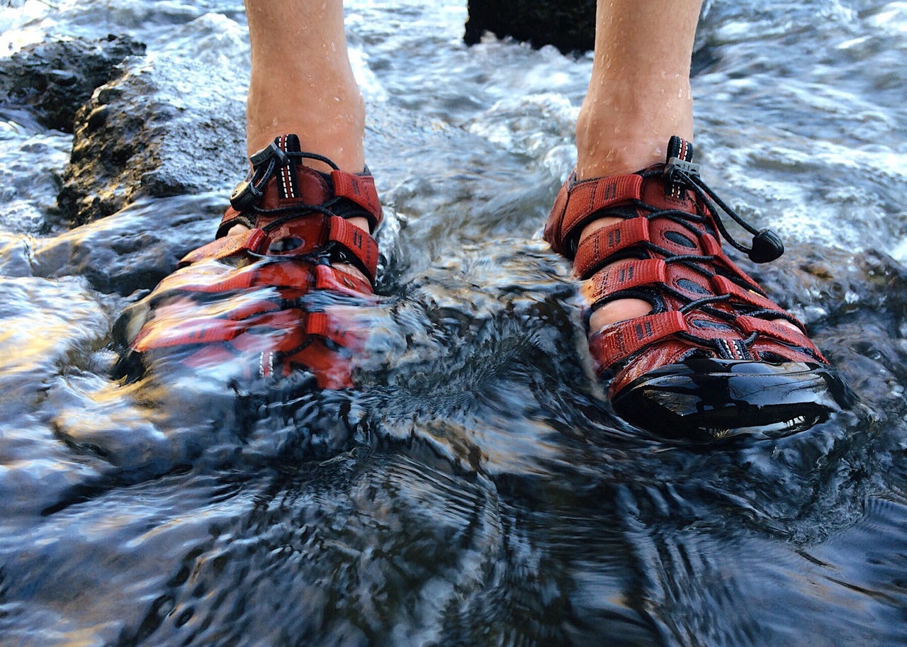 Outdoor Leisure River Sandals Water Nature Person Water crossing in sandals